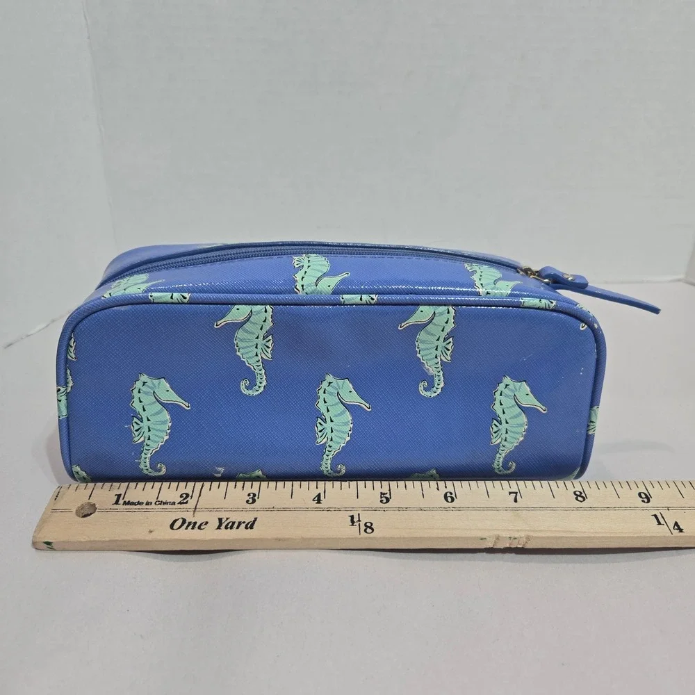 Kate Spade Cosmetic Bag Blue Seahorse Print Saffiano Travel Pouch *see pics
